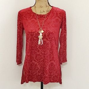 Cato Deep red long sleeve velvety burnout top side slits Size XS dressy formal